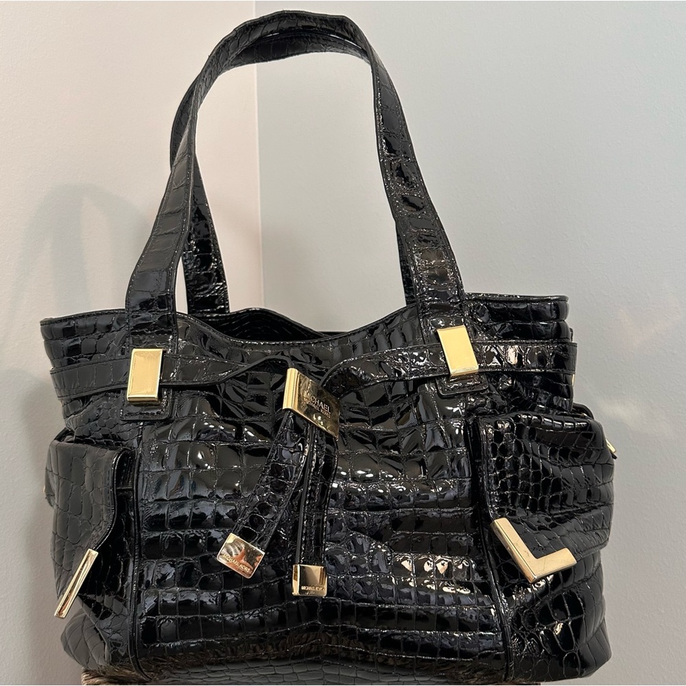 Michael Kors Beverly Croc Embossed Black Patent Leather Satchel w/ Gold Hardware